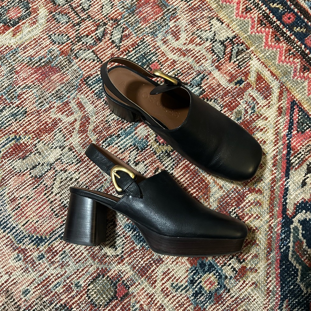 AEROSOLES Black Slingback Mules with Gold Buckle